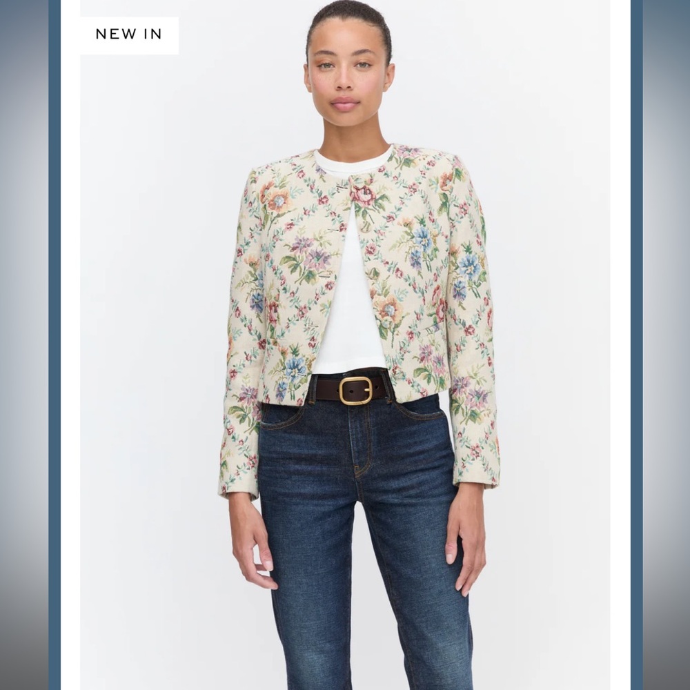 Hill House Home The Virginia Jacket in Tapestry Trellis Brocade Cream Pink Multi - Picture 2 of 8